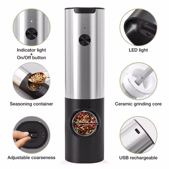 高品質で人気の商品 USB充電式電動ペッパーグラインダー ABS樹脂製 ポータブル重力式ソルトペッパーグラインダーセット