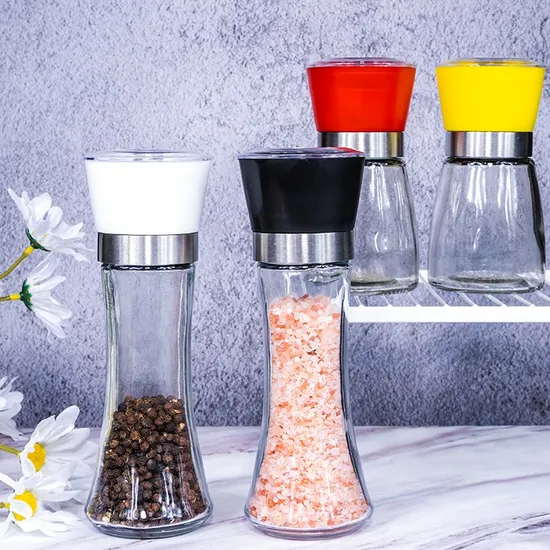 バルク調節可能なプラスチック製グラインドキャップ、ガラス製スパイスボトル、ヒマラヤソルトミルとペッパーグラインダー、カートンパッケージ付き